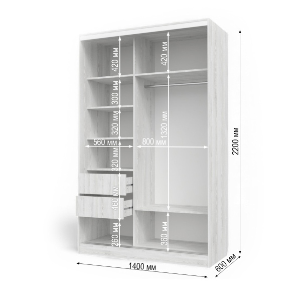 Шкаф-купе БН-61 2дв с ящ.140х60х220 Сосна лофт/хром