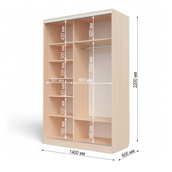 Шкаф-купе БН-61 2дв 1400х600х2200 Дуб мол/хром